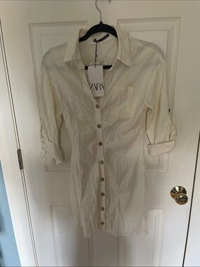 New with tags Zara linen blend Cream Longline Button-Down Shirt Dress xs